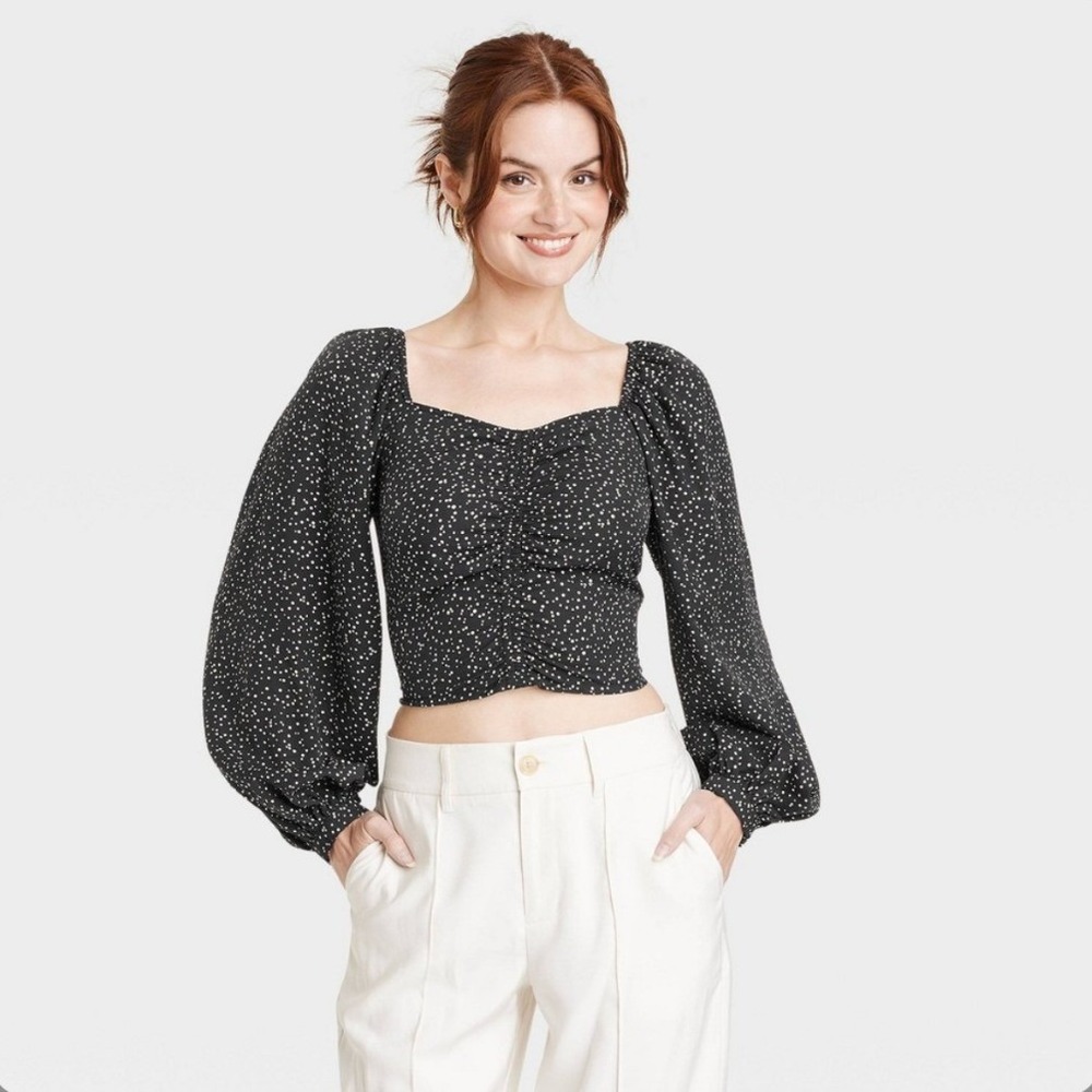 A New Day Womens Black Polka Dot Ruched Sweetheart Puff Sleeve Crop Top S NEW
